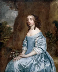 Portret van een dame in blauw met een bloem
